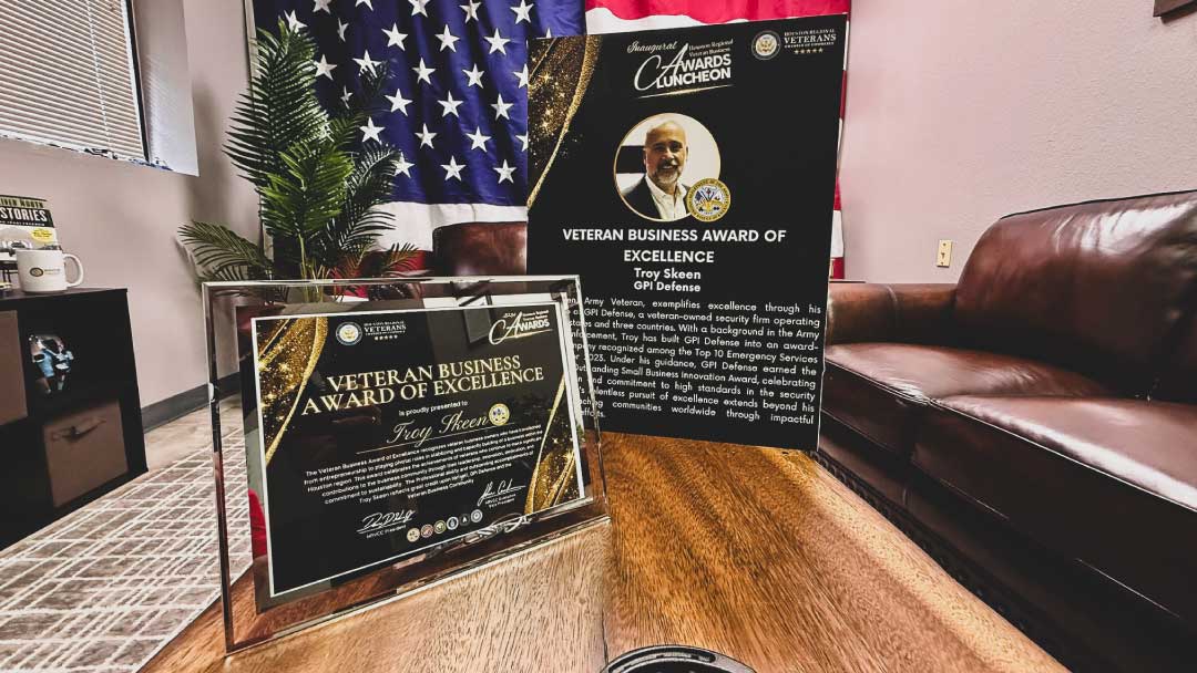 - GPI Defense GPI Defense Veteran Business Award of Excellence from the Houston Regional Veterans Chamber of Commerce, staged with the award on display.