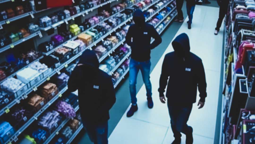Security camera footage capturing organized retail crime in progress inside a retail store, showing two individuals discreetly shoplifting high-value items.