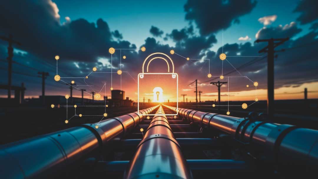 An oil pipeline with digital security elements, including a lock icon, network grids, and cybersecurity overlays, representing pipeline security regulations.