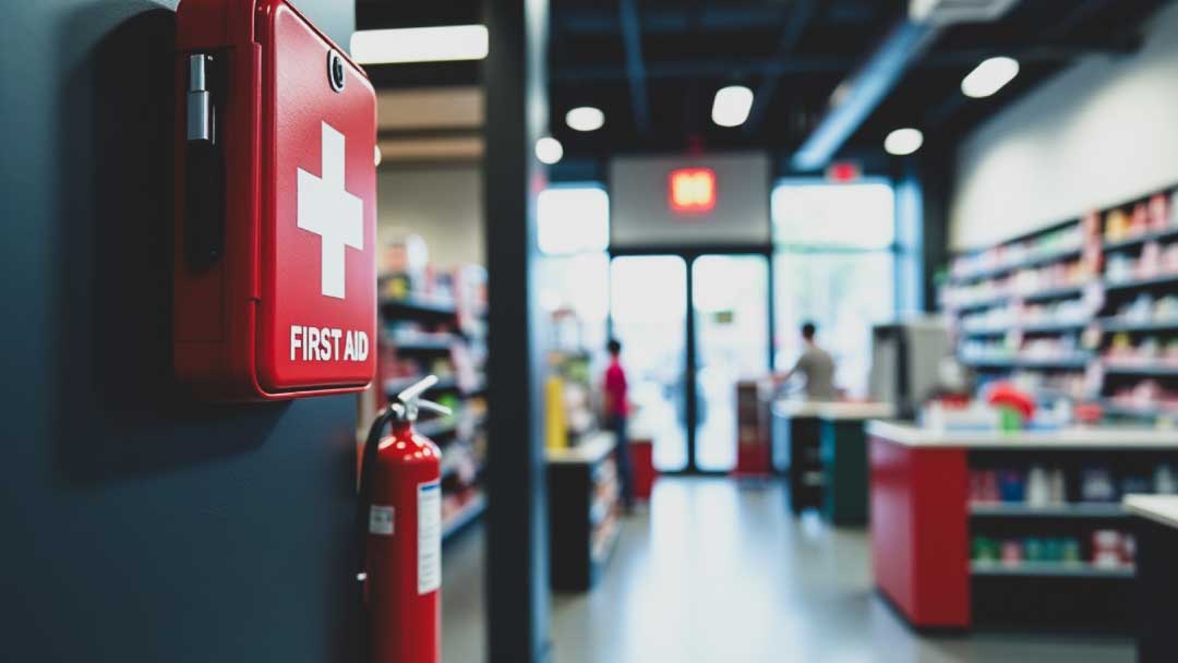 Emergency equipment in a retail store supporting an incident response plan, including a first aid kit, fire extinguisher, and security camera.
