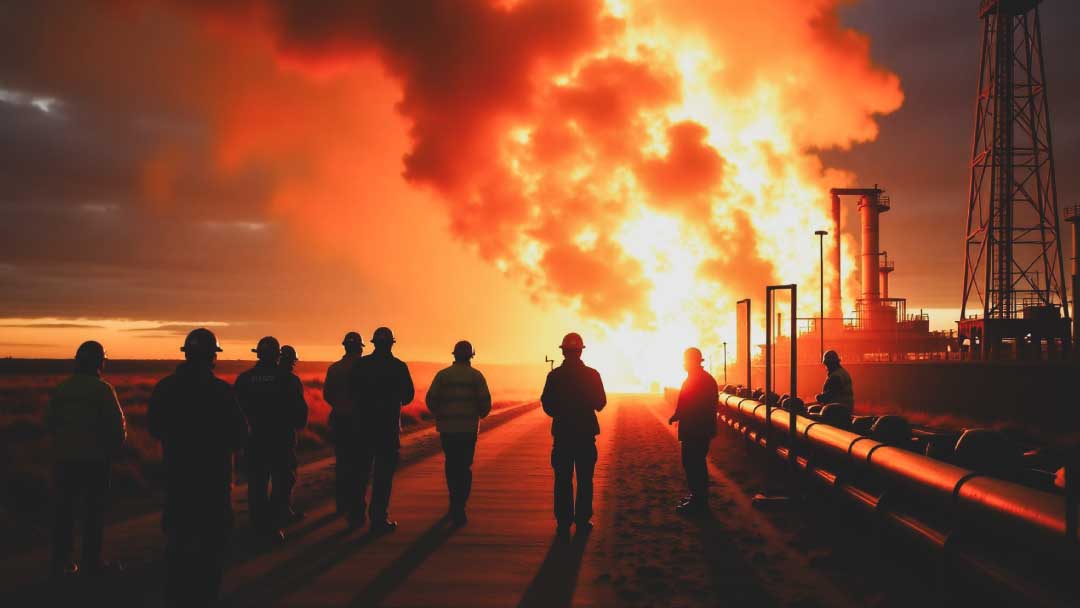 Emergency response for oil spills and pipeline ruptures, with workers and security personnel containing a hazardous leak at an oil facility as flames and smoke rise.