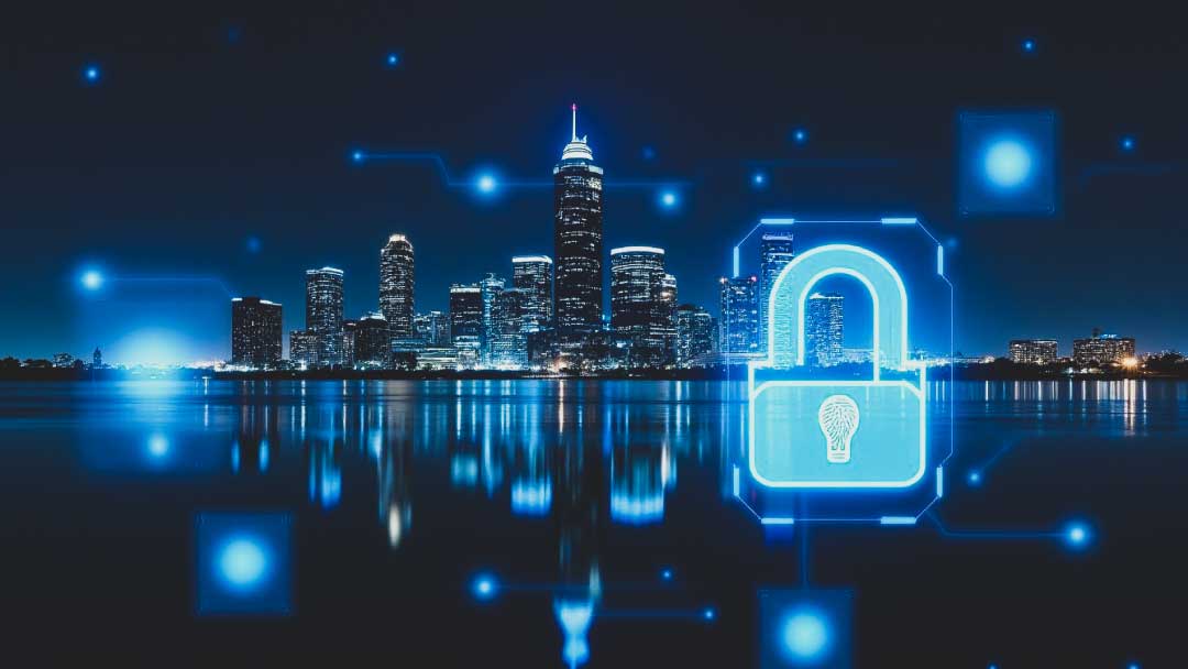 Digital lock icon representing cybersecurity integration over a secure city skyline at night, highlighting connected infrastructure and government protection