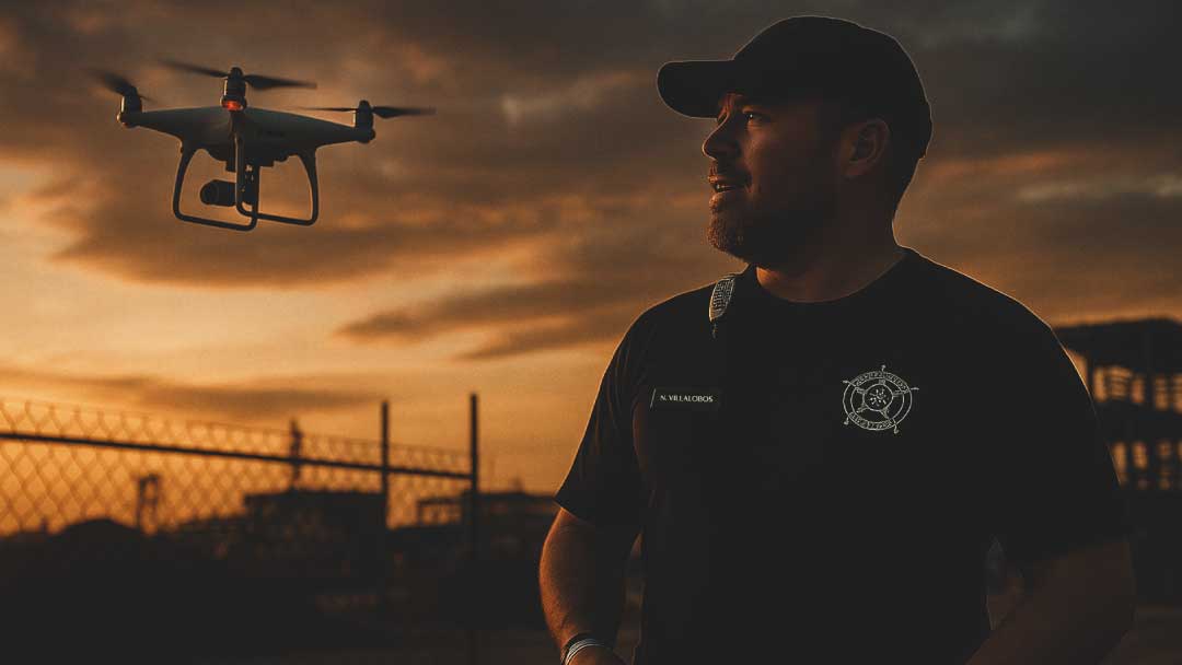 Drone surveillance and ground security working together at an industrial site