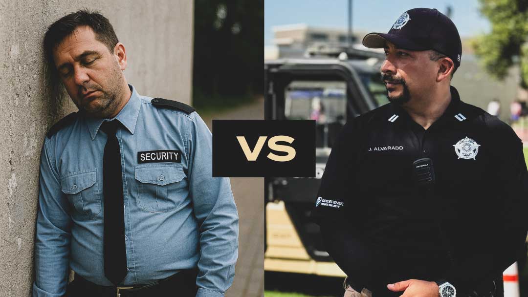 Split image showing a cheap security guard asleep at post versus a professional GPI Defense officer alert and on duty, highlighting how cheap security guard services cut corners.